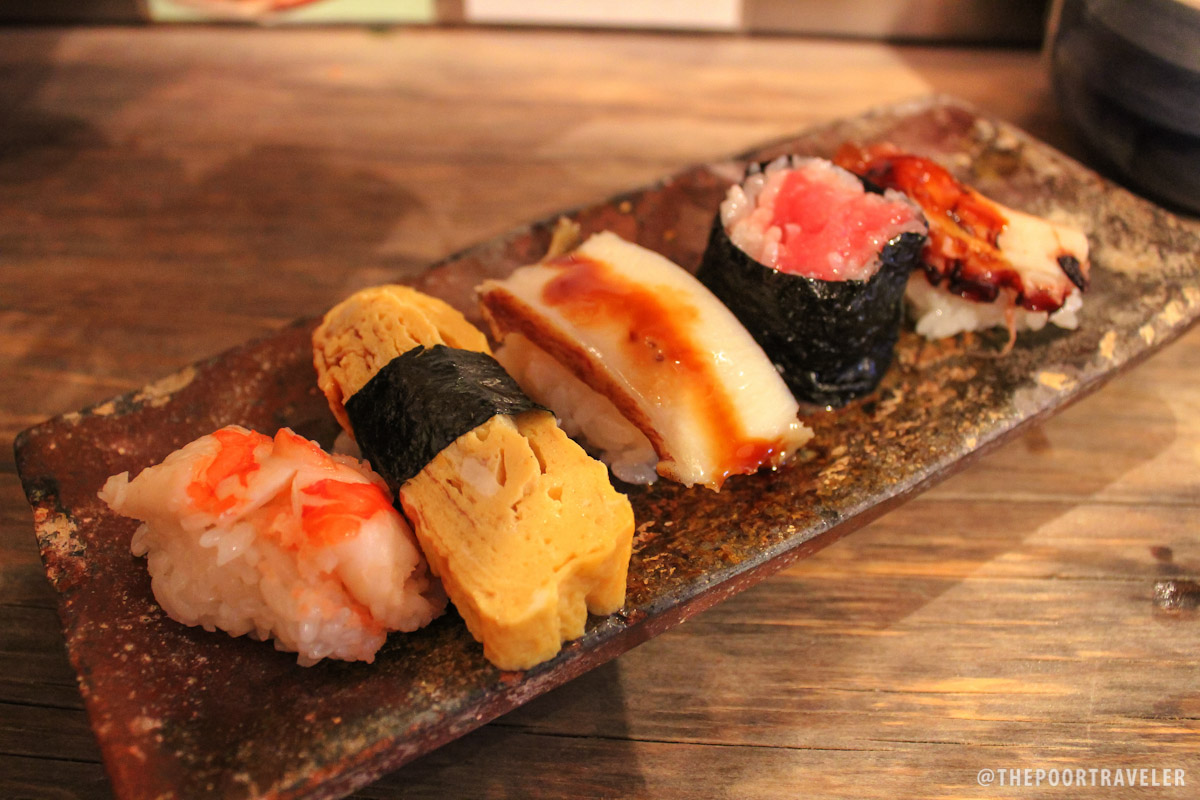 Sushi Plate #3: Ebi (shrimp), Tamago (sweet omelet), Awabi (abalone), Tekka (tuna roll), and Tako (octopus)