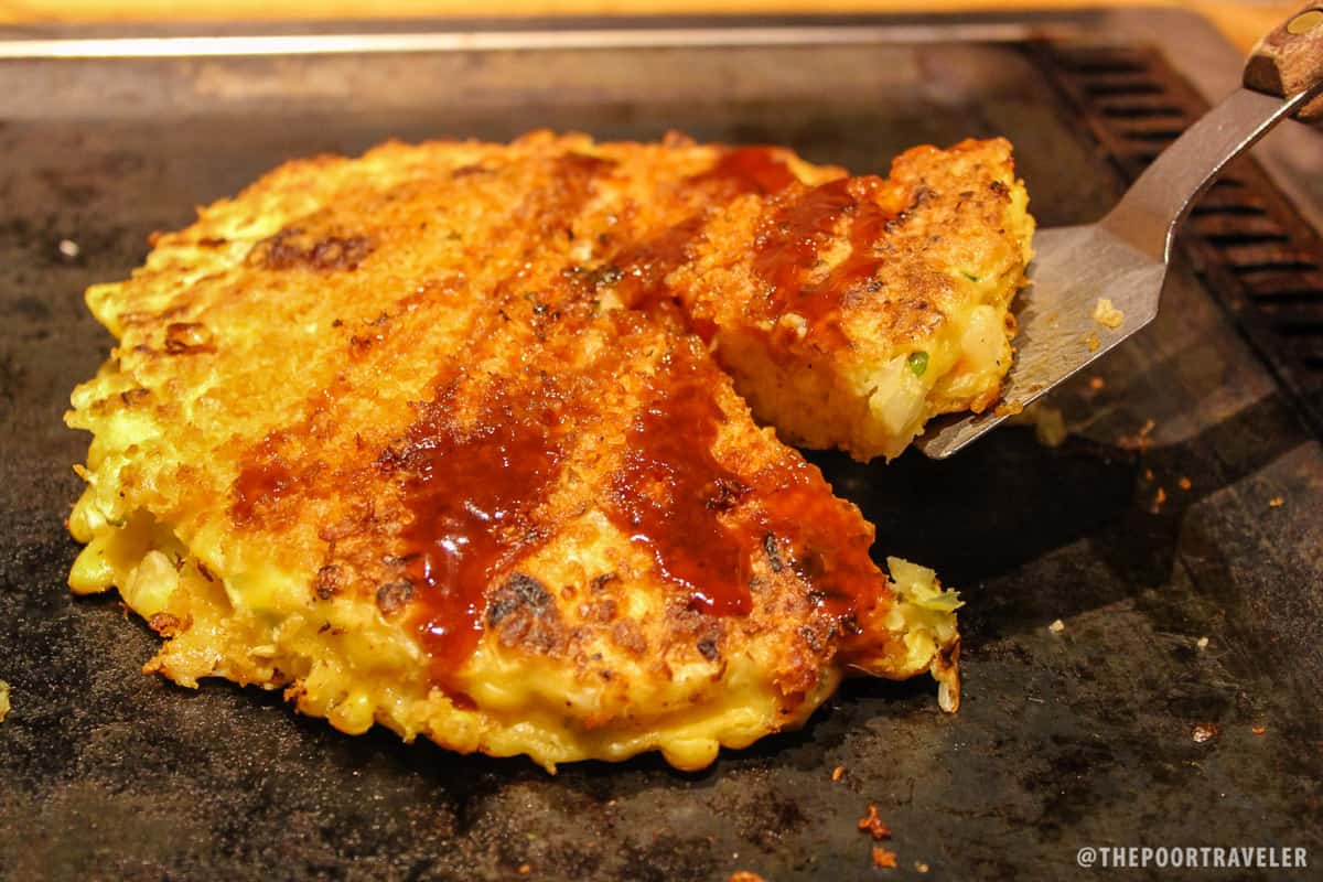 Okonomiyaki: wheat flour, cabbage, and eggs (JPY 819)